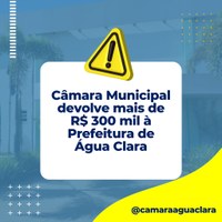 Câmara Municipal devolve mais de 300 mil reais à Prefeitura de Água Clara